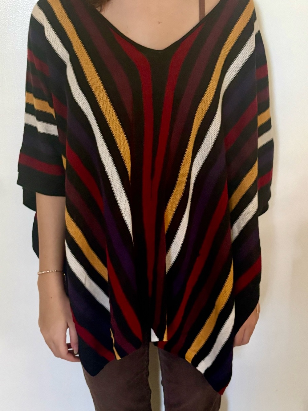 Moda International Striped V-Neck Poncho in Black, Red, Purple, Mustard & White